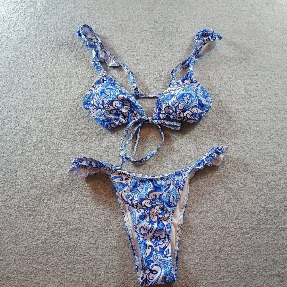 Unbranded Womens Paisley Bikini Set‎ Blue White M Ruffle Trim Swimsuit Boho